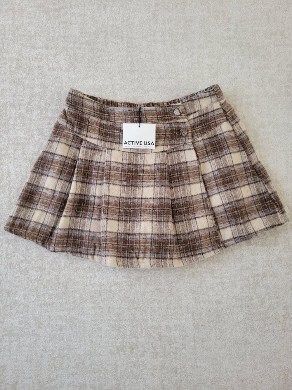 Active USA Brown Plaid Pleated Mini Skirt Skort Wool Blend L NWT Academia Fall